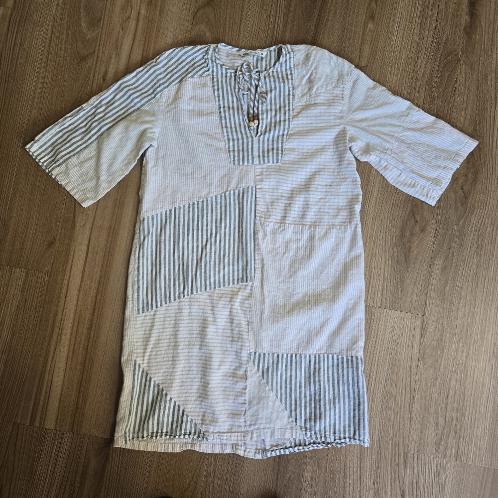Zara Linen Cotton Striped Patchwork Kaftan Lightweight Ecru Dress Womens Sz S